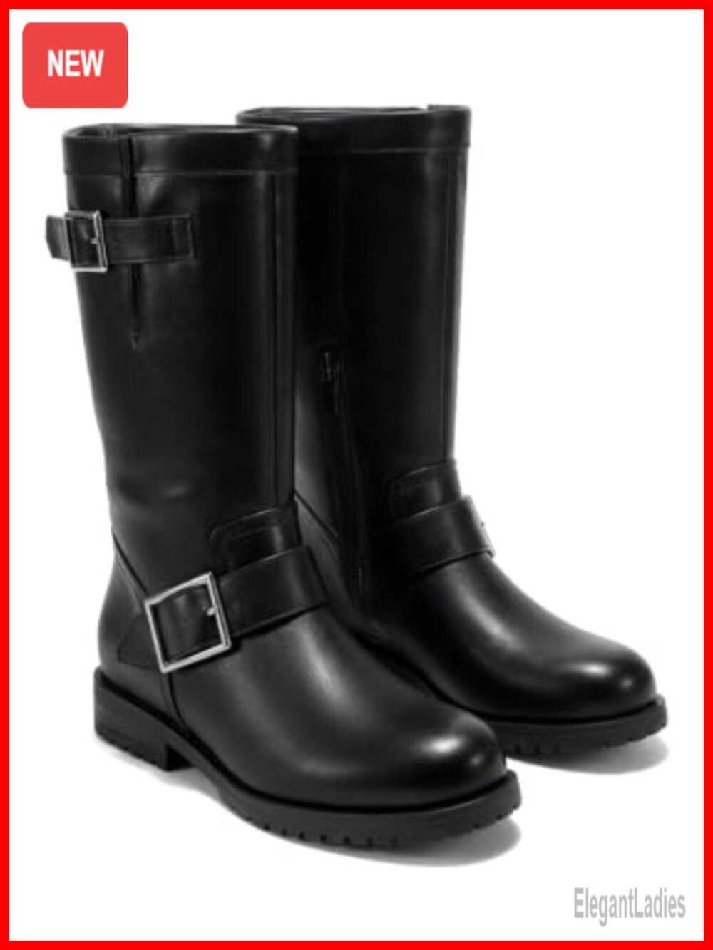 Womens Mid Calf Combat Boots Low Heel Faux Leather Moto Biker Boots